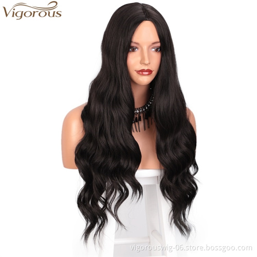 Vigorous Long Wavy Black Color Heat Resistant Synthetic Full Machine Made Wigs For Black Women Middle Part Fiber Hair Wig